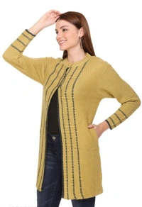 CLAPTON Women Round Neck Yellow Full Sleeve With Pocket Wool Cardigan (Outer Long) - L, Yellow, Wool, Pack of1